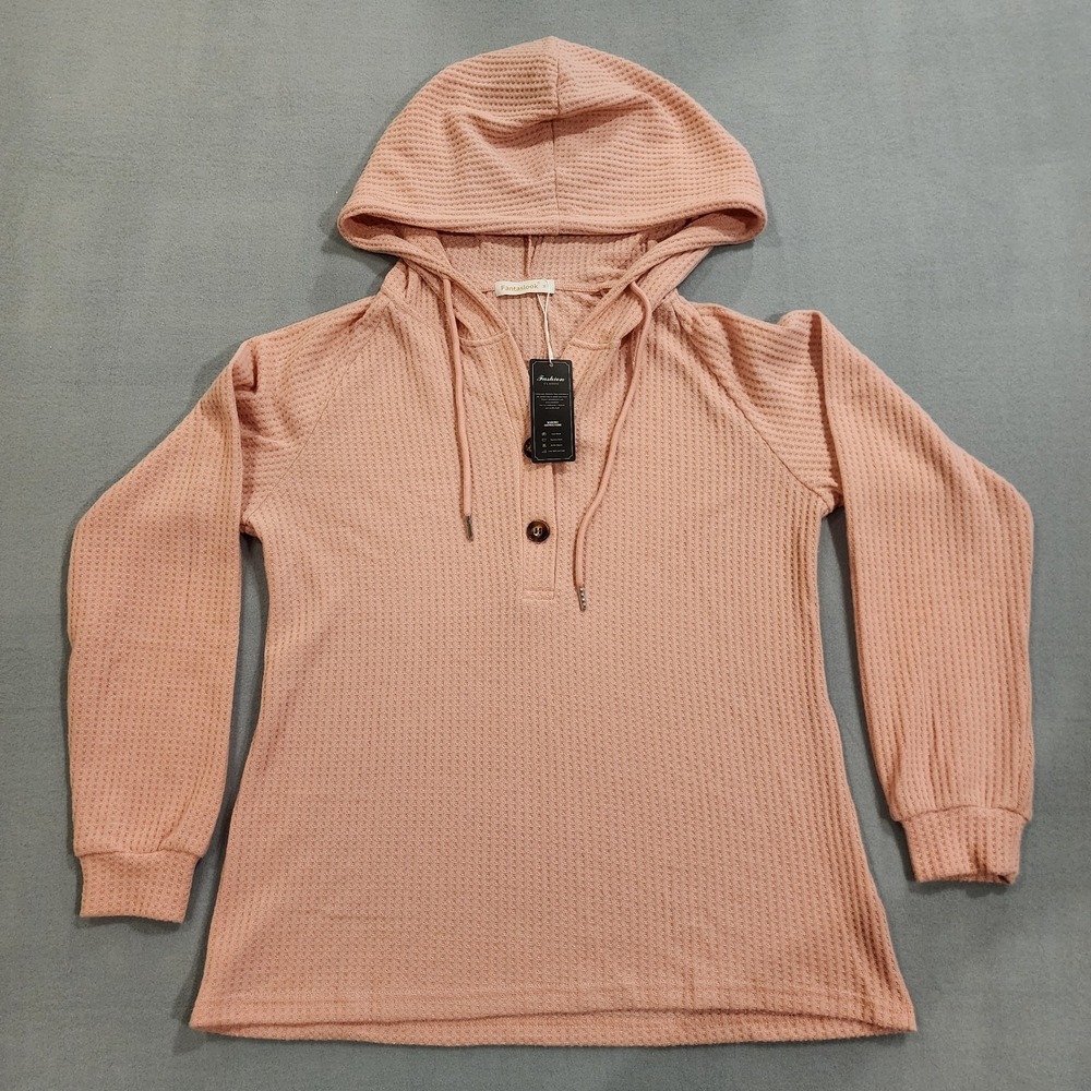 Fantaslook Womens Small Pink Waffle Knit Hoodie Pullover Long Sleeve NWT